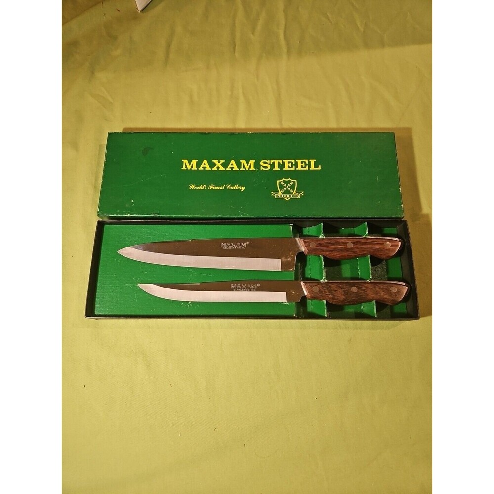 MAXAM Vintage Steel Kitchen Knife Set 2 Pc Carving Chef's Meat Wood Handle 8 &9”